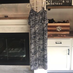 Long navy and white dress with ruffle top